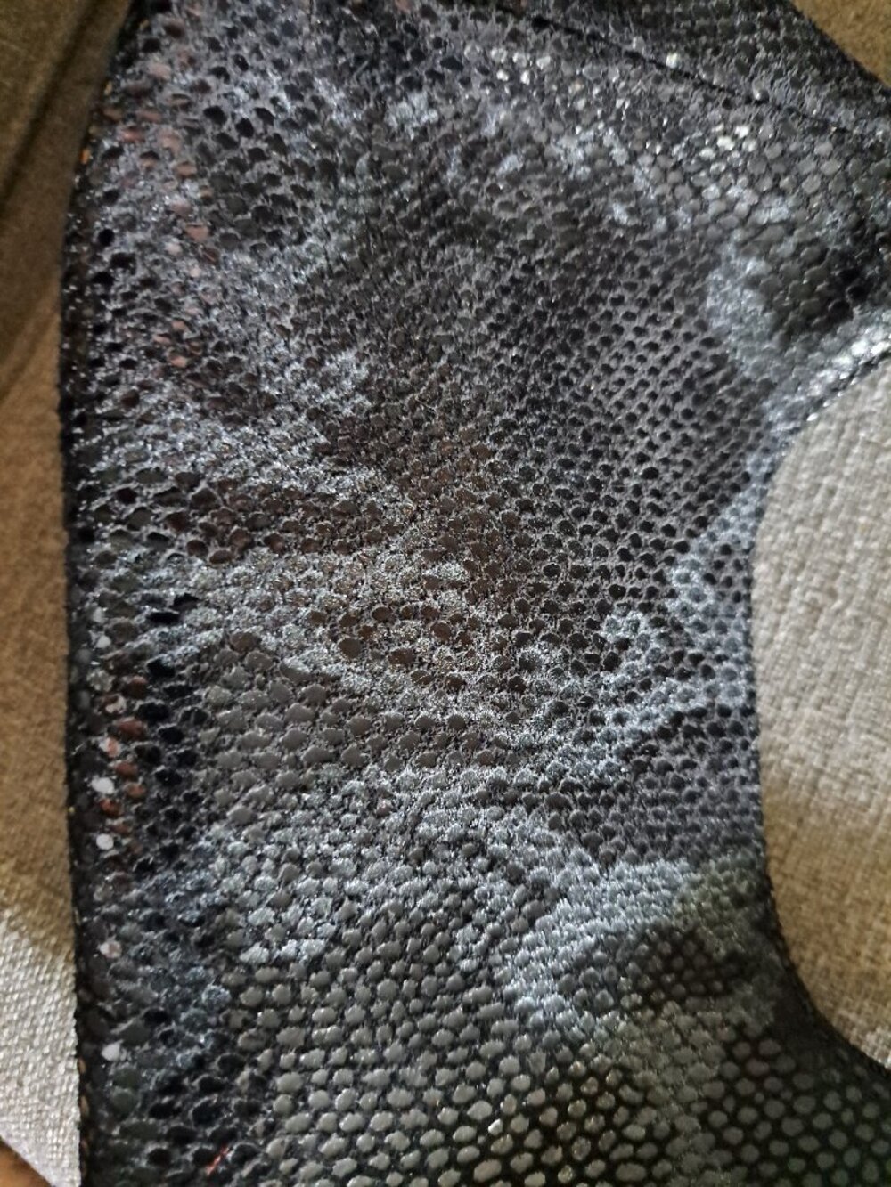 5x5in Stylish snakeskin-embossed shoulder bag is black with a subtle metallic sh